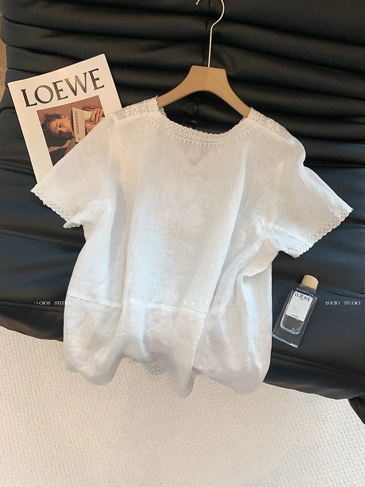 Ele v-ne brodé coton lin irt femmes ort Sve haut amincissant été nouveau Sle polyvalent coréen Sle trajet