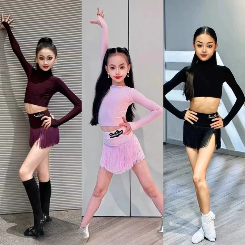 Girls' New Autumn and Winter High Necked Long Sleeved Denim Samba Bullfighting Cha Cha Rumba Training Clothes Tassel Skirt Set