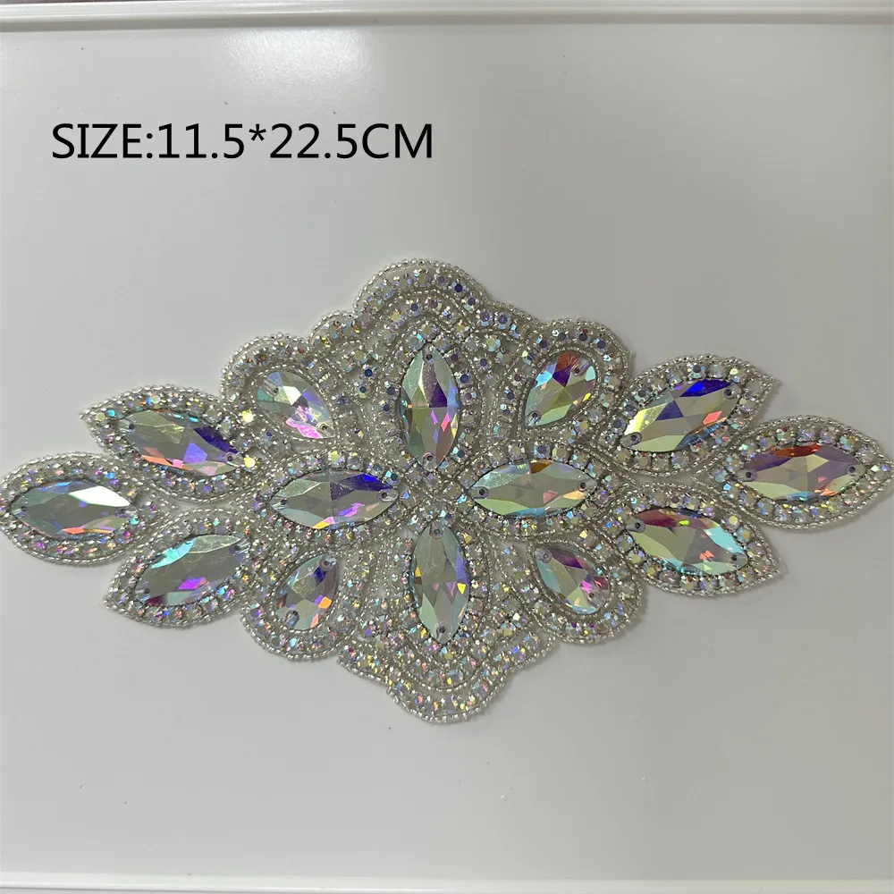 1 Stück AB Silber Strass-Applikation Blumen-Patch zum Aufbügeln/Aufnähen Hochzeitskleid-Accessoires zur Kleiderdekoration – Detail 3