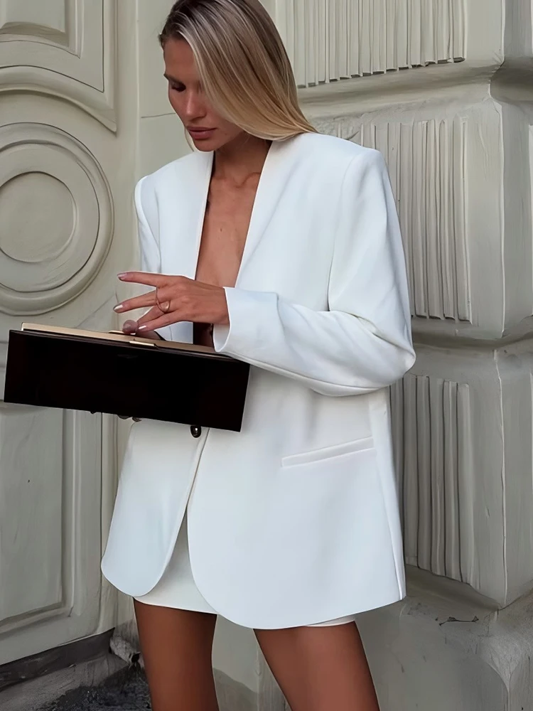 JULISSA MO مثير العميق الخامس الرقبة زر واحد المرأة السترة السوداء طويلة الأكمام منصات الكتف جاكيتات الشتاء فضفاضة أنيقة السترة معطف