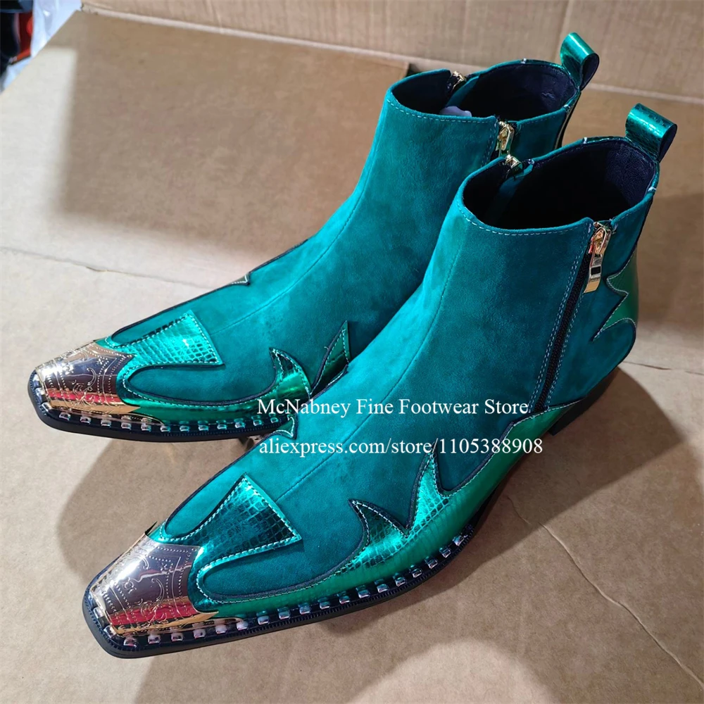 Green Suede Metal Pointed Toe Chelsea Boots Side Zipper Chain Decor Men Short Boots Fashion Luxury Wedding Party Club Plus Size