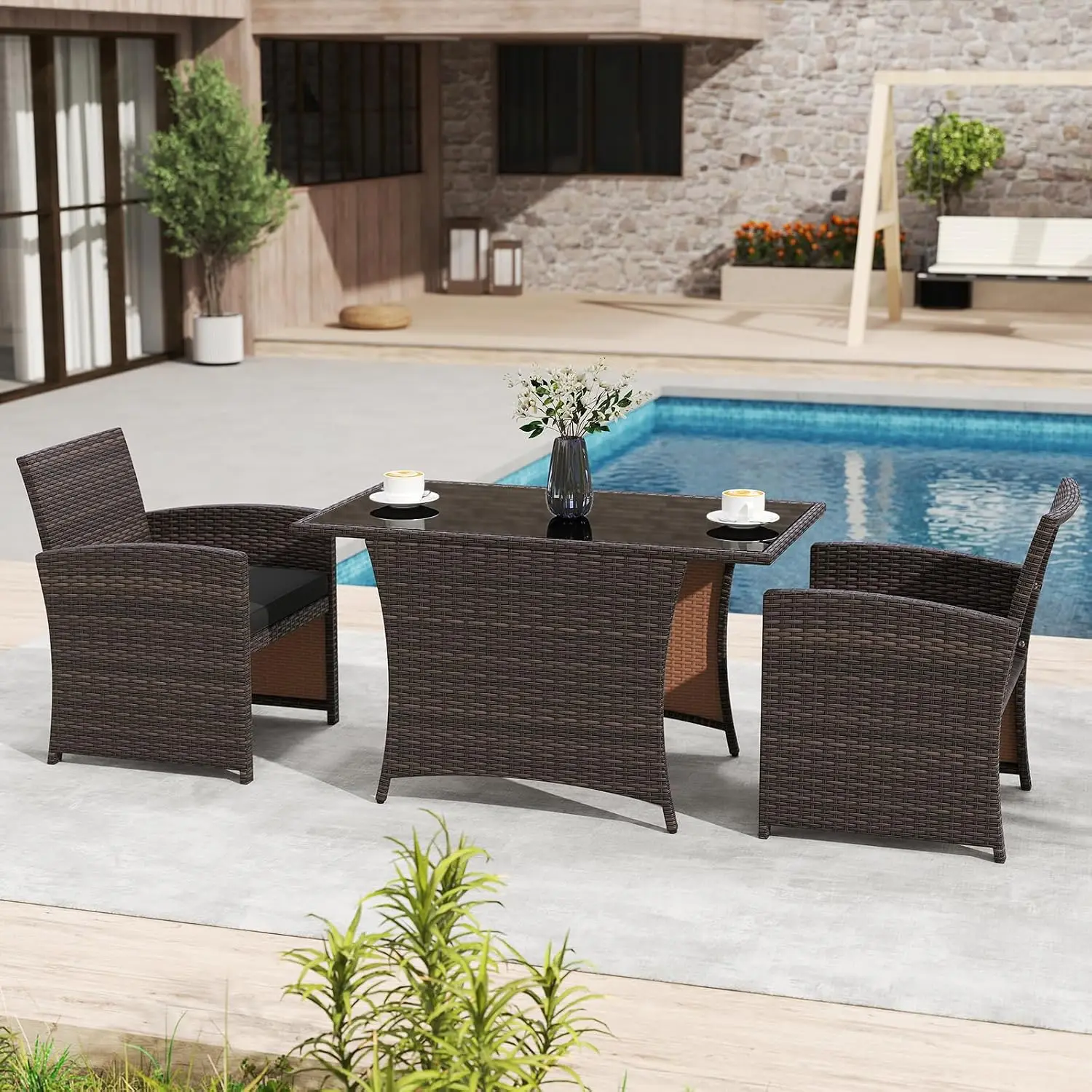 3 Piece Patio Wicker Dining Set w/Glass Table, 2 Cushion Chairs, Space-Saving Balcony Furniture for Garden, Customized