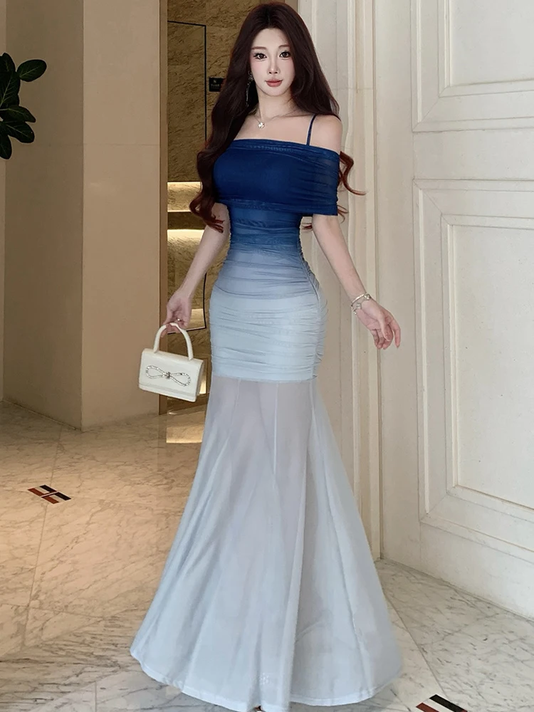 

Женское синее градиентное плиссированное облегающее платье с оборками, длинное, летнее, модное, шикарное, с запахом на груди, сексуальное, 2026, корейское, люксовое, Vestidos