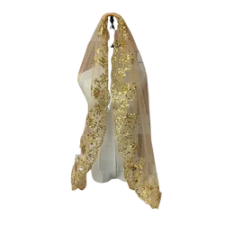 Voile de mariage doré à paillettes, avec bord en dentelle, court, deux couches, Tulle, 2022