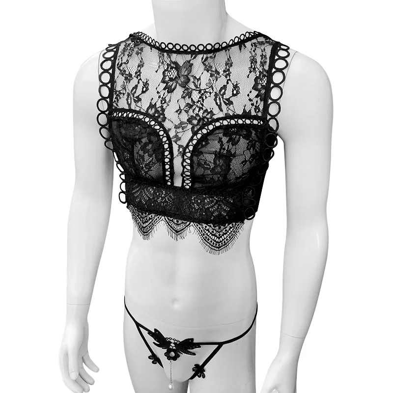 Men's Sissy Lingerie Set Sheer Lace Mesh Crop Top Pearl G-string Thong Crossdresser Sleepwear Underwear Black Burgundy