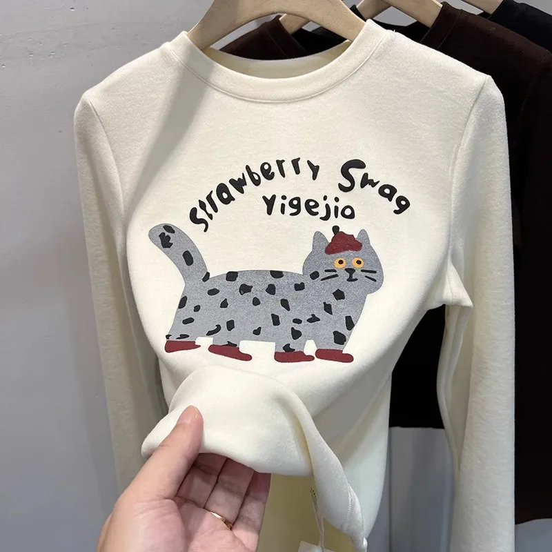 

Soft and glutinous double-sided brushed fleece long-sleeved T-shirt for women, stylish cat base layer top