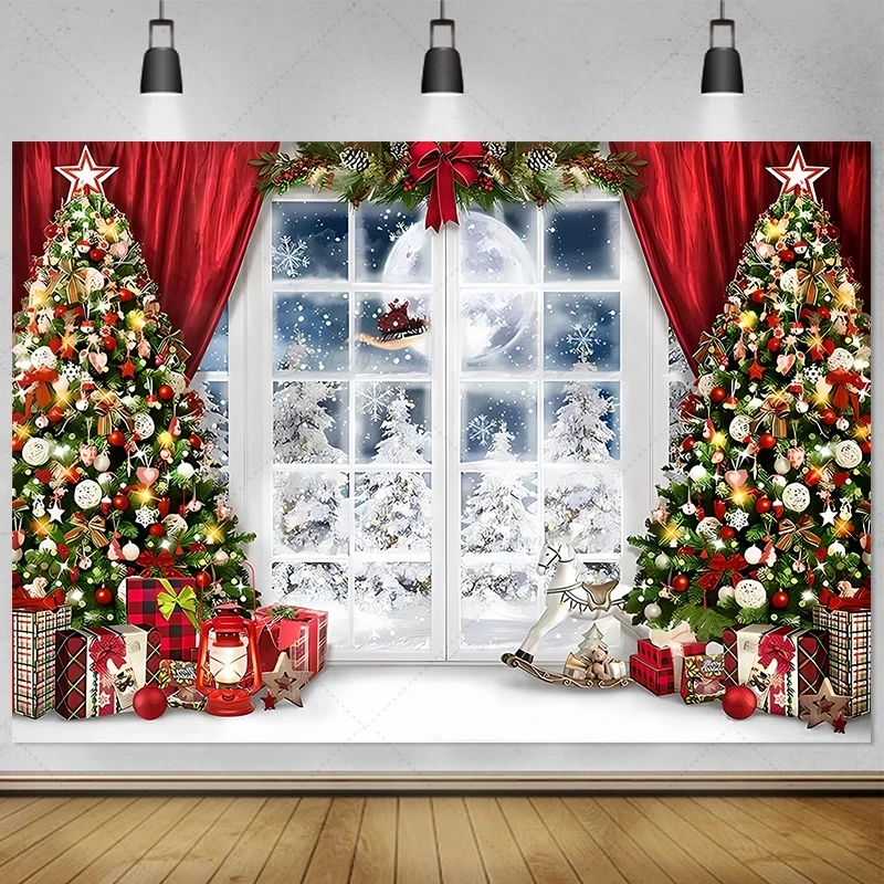 Christmas Backdrop Xmas Tree Fireplace Window Gifts Santa Claus Brick Wall Winter Adult Family Party Baby Photography Background