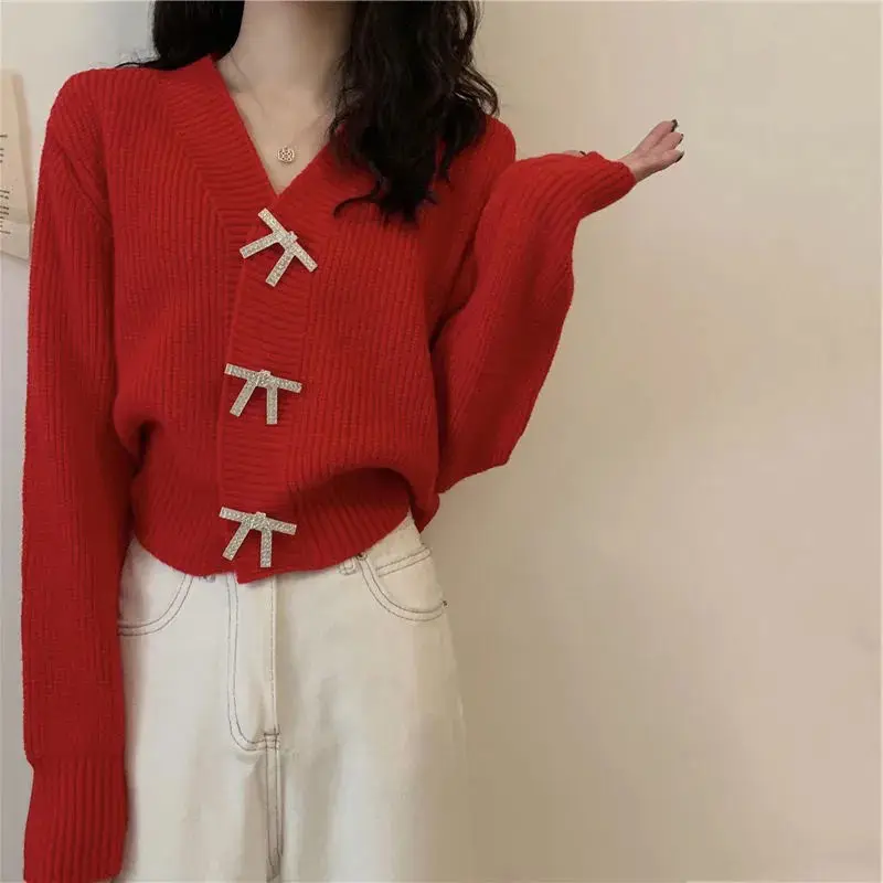 Spring and Autumn Woman 2024 Cardigan V-neck Sweet Bow Fashion Short Style Long Sleeved Female Knitted Sweater Trend Youth Grace