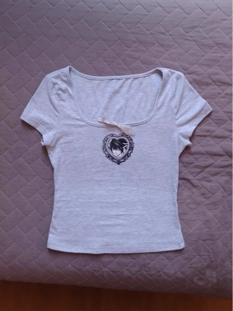 

2025 Summer New y2k Square Collar Bow Cartoon Print Slim Fit And Slim Aesthetic Retro Hot Girls Short-sleeved T-shirts For Women