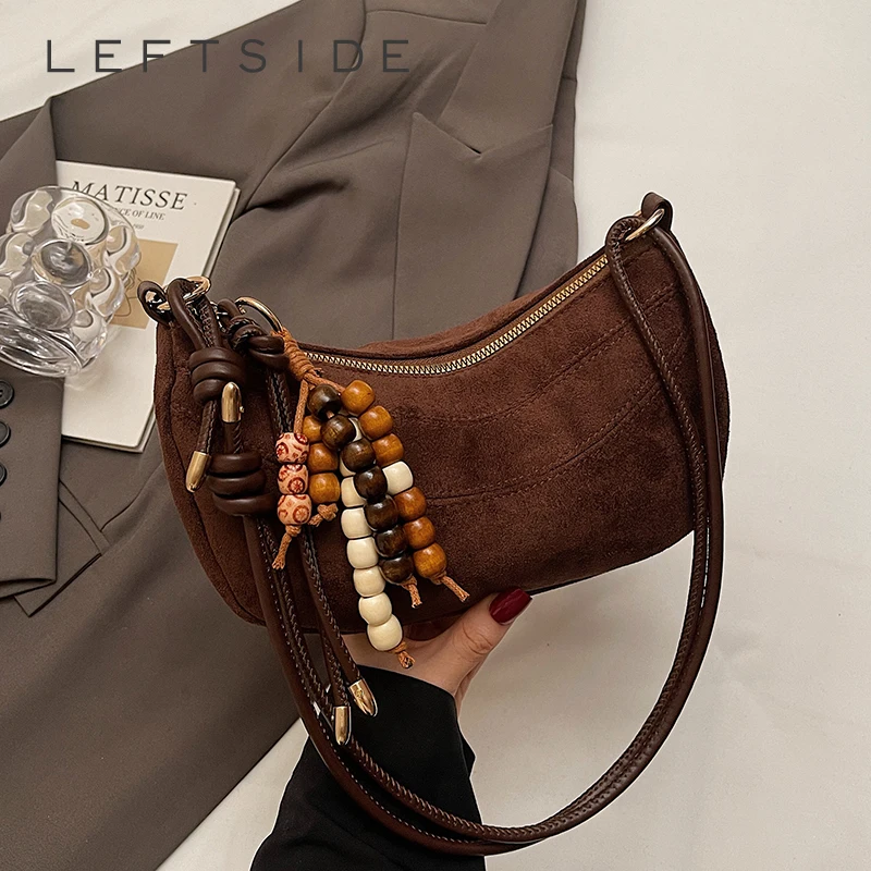 حقائب كتف صغيرة من جلد الغزال الصناعي بتصميم Leftside للنساء 2025 حقيبة كروس شتوية للسيدات ريترو جديدة ​ حقائب اليد والمحافظ الفاخرة