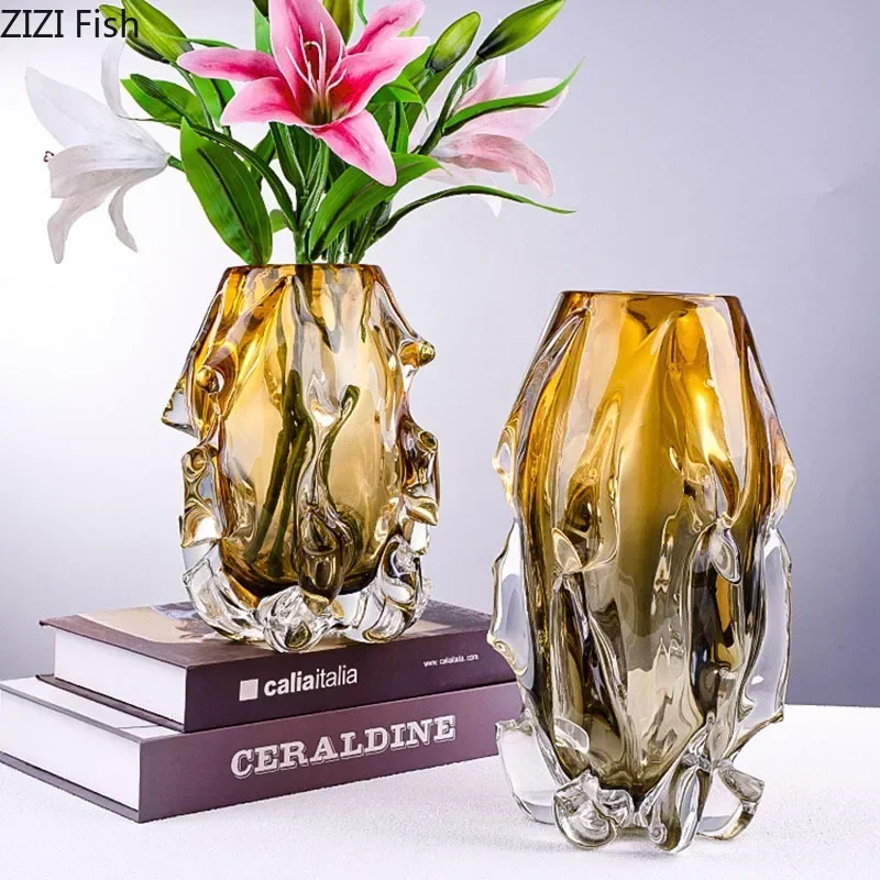 Creative Amber Gradient Glass Vase Hydroponics Flowers Pots Desk Decoration Flower Arrangement Floral Vases Modern Home Decor