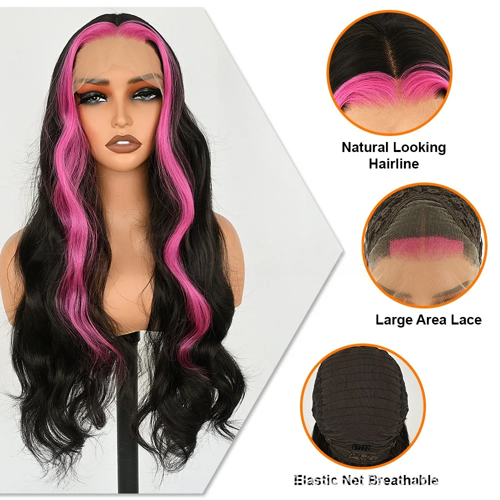 28 Inch Body Wave Lace Front Wig Black Rose Red Highlight Glueless Synthetic Hair Heat Resistant 13x4 Lace 150% Density Wig