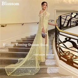 Off Shoulder Sparkly Cape Luxury Evening Dresses High Split Court Train Prom Dresses Wedding Party Gown Formal Dress