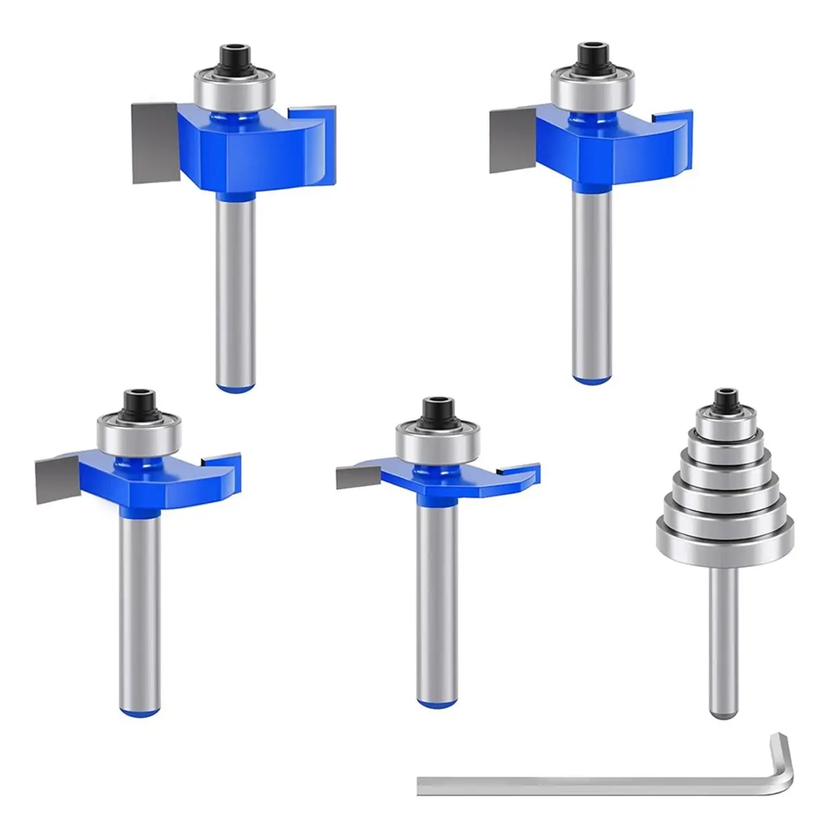 Y38A J~4 Pcs Rabbeting Router Bits Set 1/4 Inch Shank with 6 Bearing Set - Adjustable Multi Depths Cutter