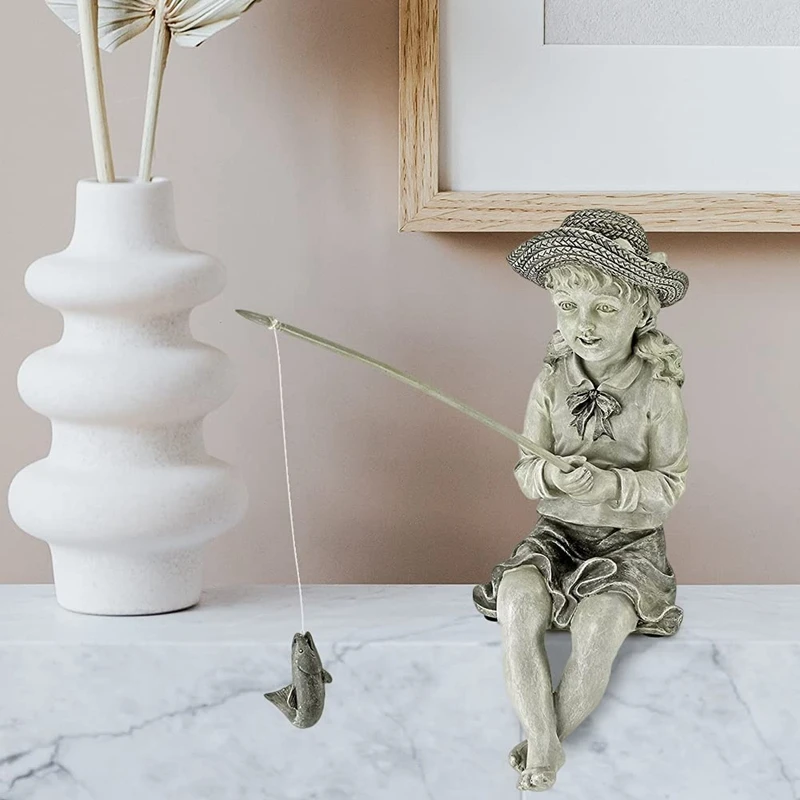 Cartoon Fisher Girl Figurine Resin Fisherman Sitting Posture Statue Pool Decor Girl Figurine Decor Sculpture Home Yard