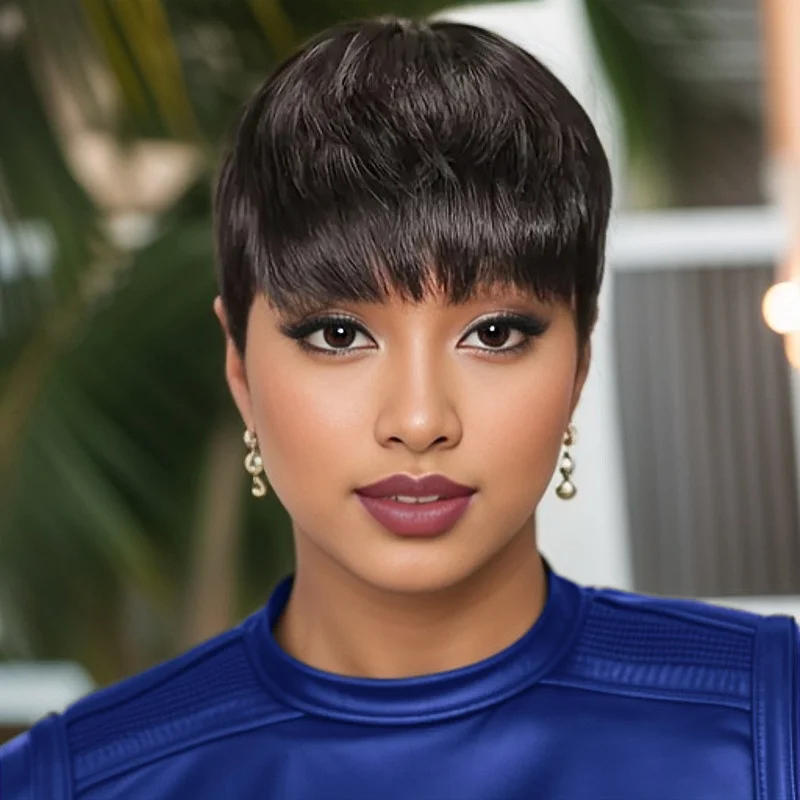 여성용 앞머리가 있는 컬러 짧은 레이어드 픽시 가발 브라질 스트레이트 인모 전체 기계식 가발