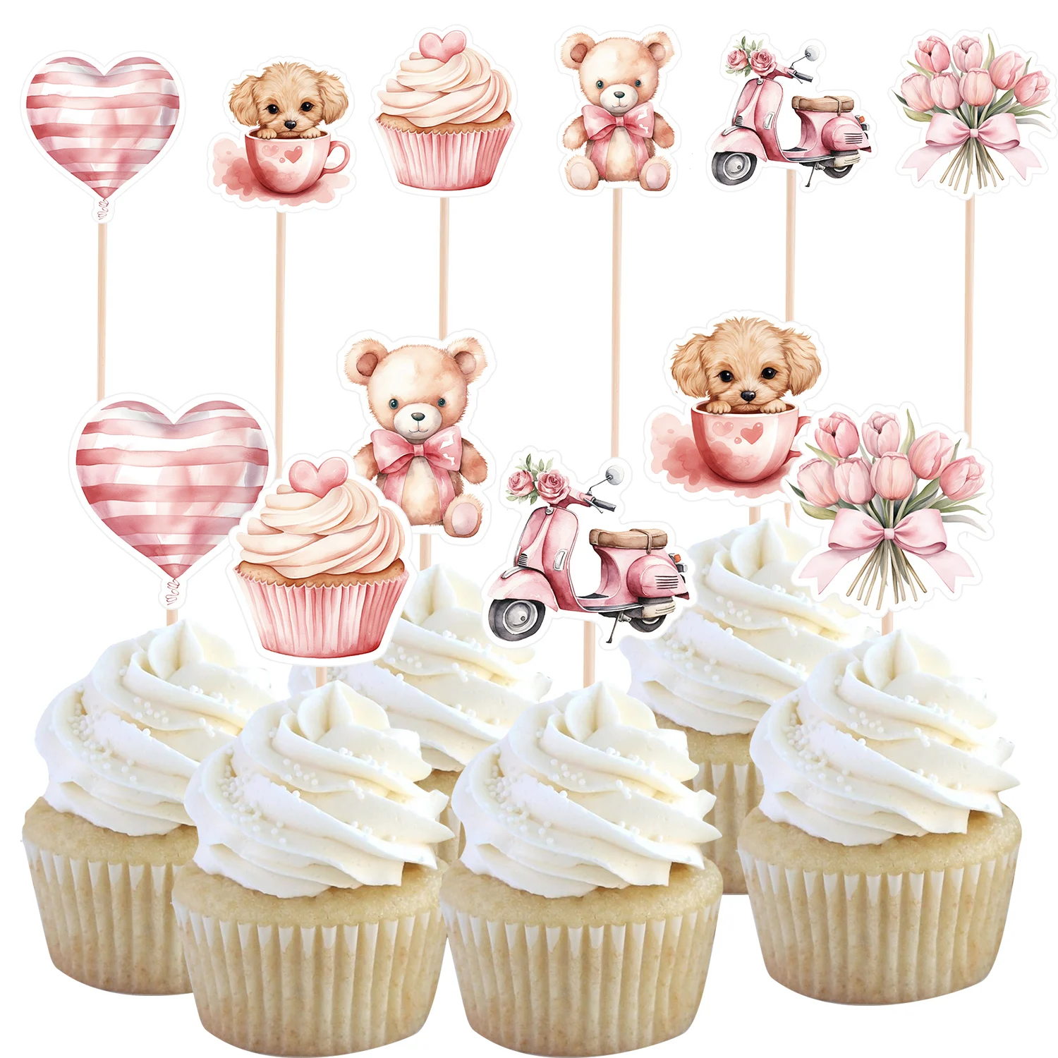 30 teile/satz Valentinstag Cupcake Topper Cartoon Bär Rosa Liebe Herz Topper Für Hochzeit Geburtstag Valentinstag DIY Cupcake Dekor