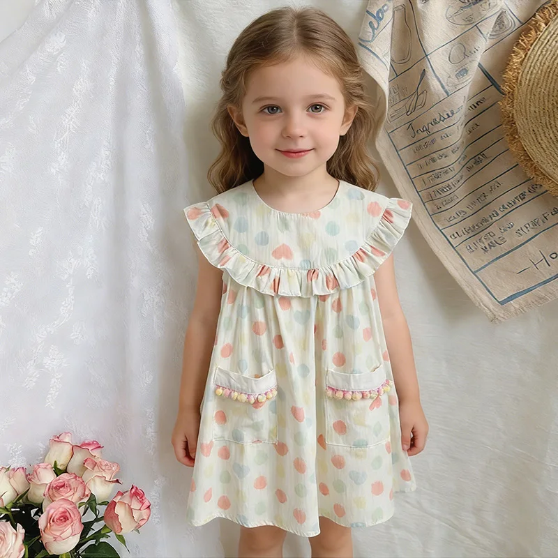 2026 Summer New Children's Dress Colorful Dotted Girl's Dress Korean Fashion Pocket Lotus Leaf Doll Neck Baby Kids Sweet Dress