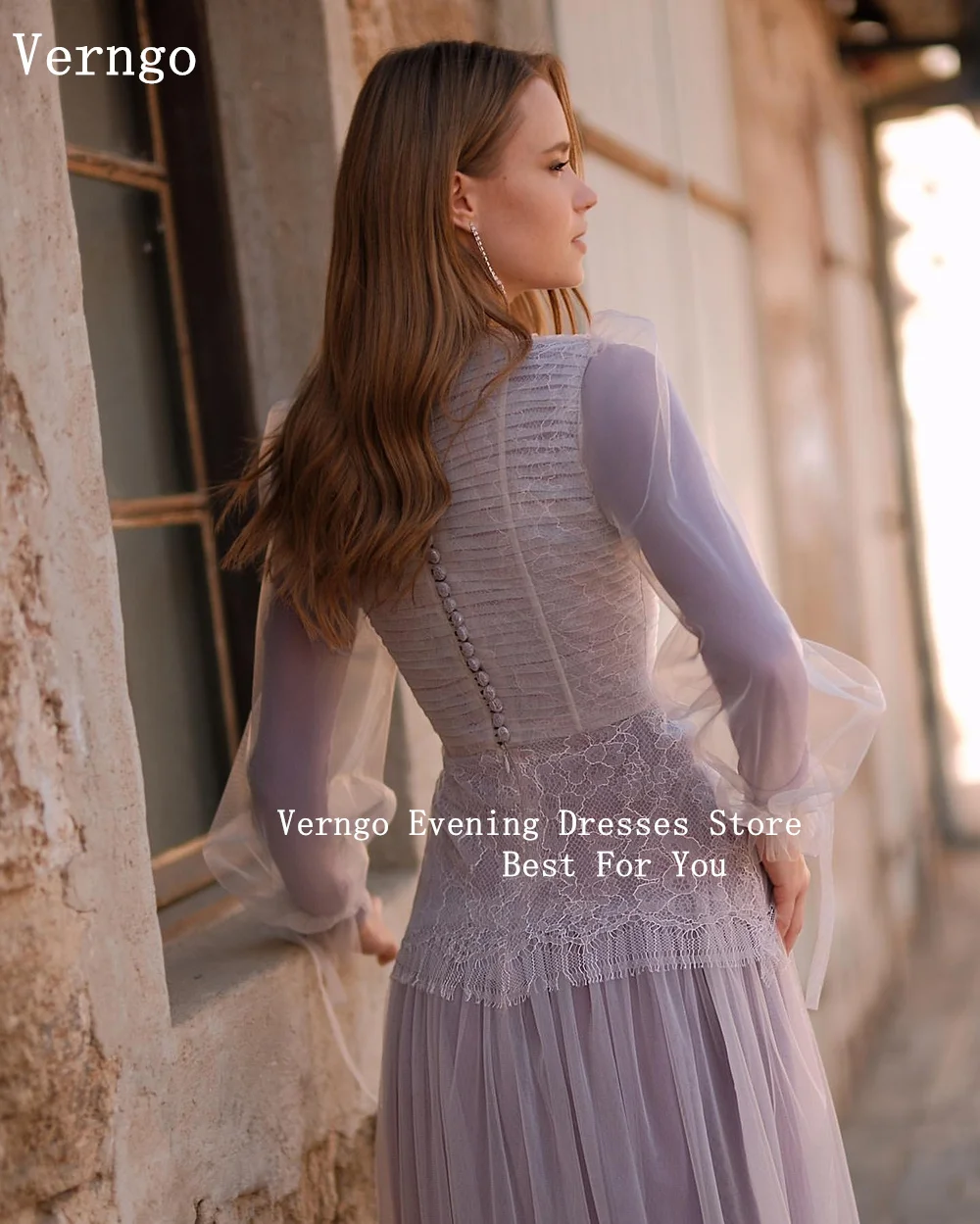 Verngo Lavender Lace Formal Occasion Dress O Neck Full Sleeves A Line Party Dress Women Elegant Prom Gowns Outfit Customized