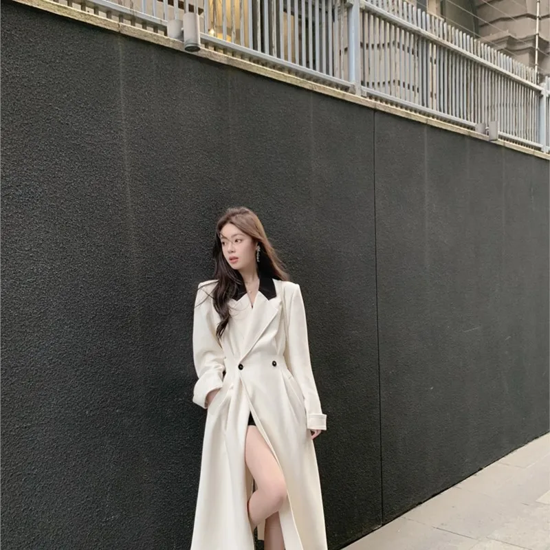 New thickened white trench coat women's long Hepburn waist
