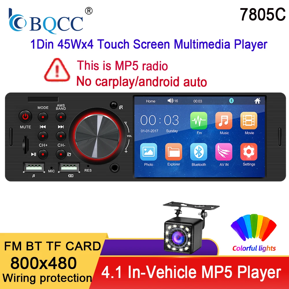 BQCC 1 DIN 4.1 Inch Car Radio Button Colorful Light Bluetooth Music Hands-Free MP5 Player TF USB Charging Remote Control Audio