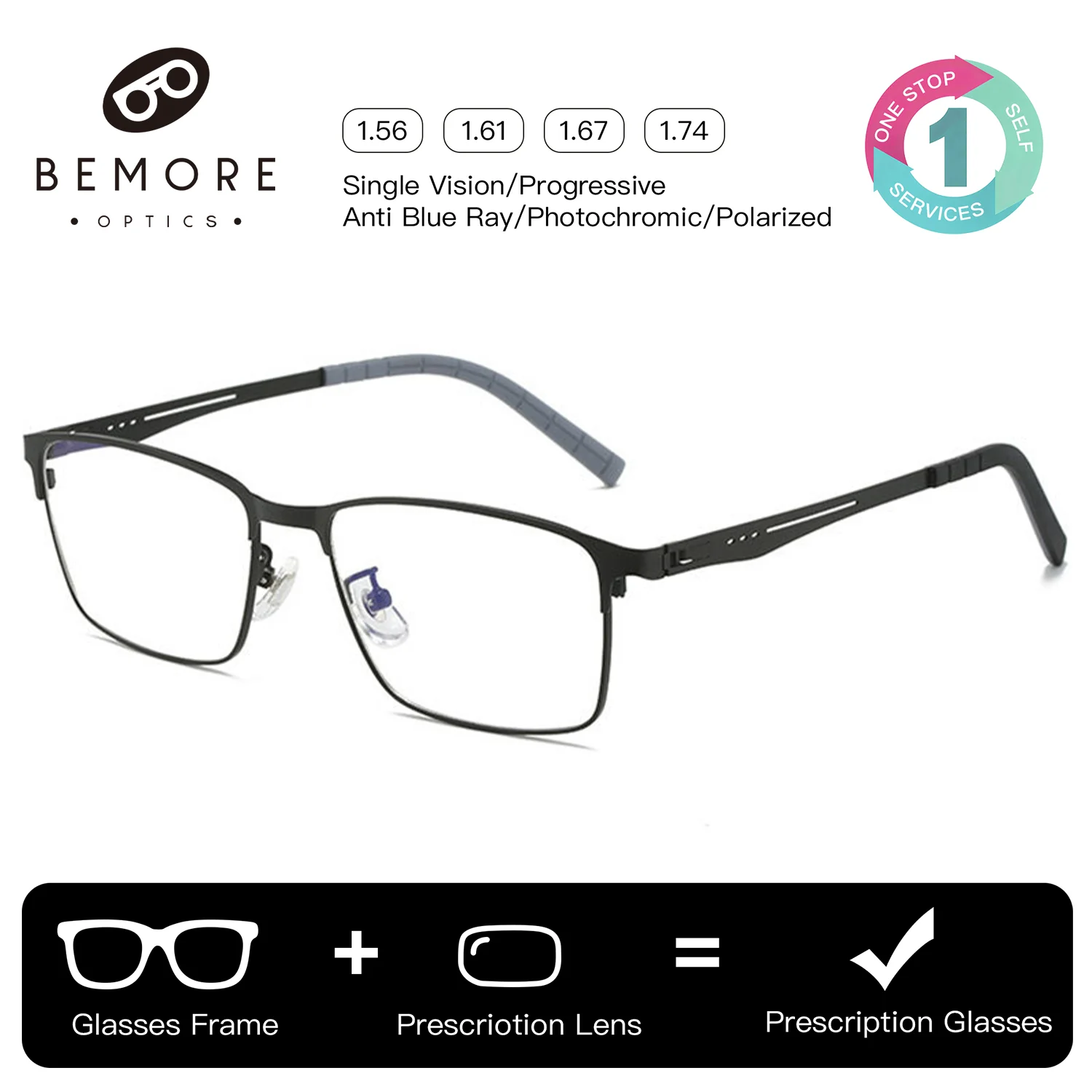 

BEMORE Fashion Square Progressive Prescription Glasses for Men Anti Blue Light/Photochromic Optical Eyeglasses