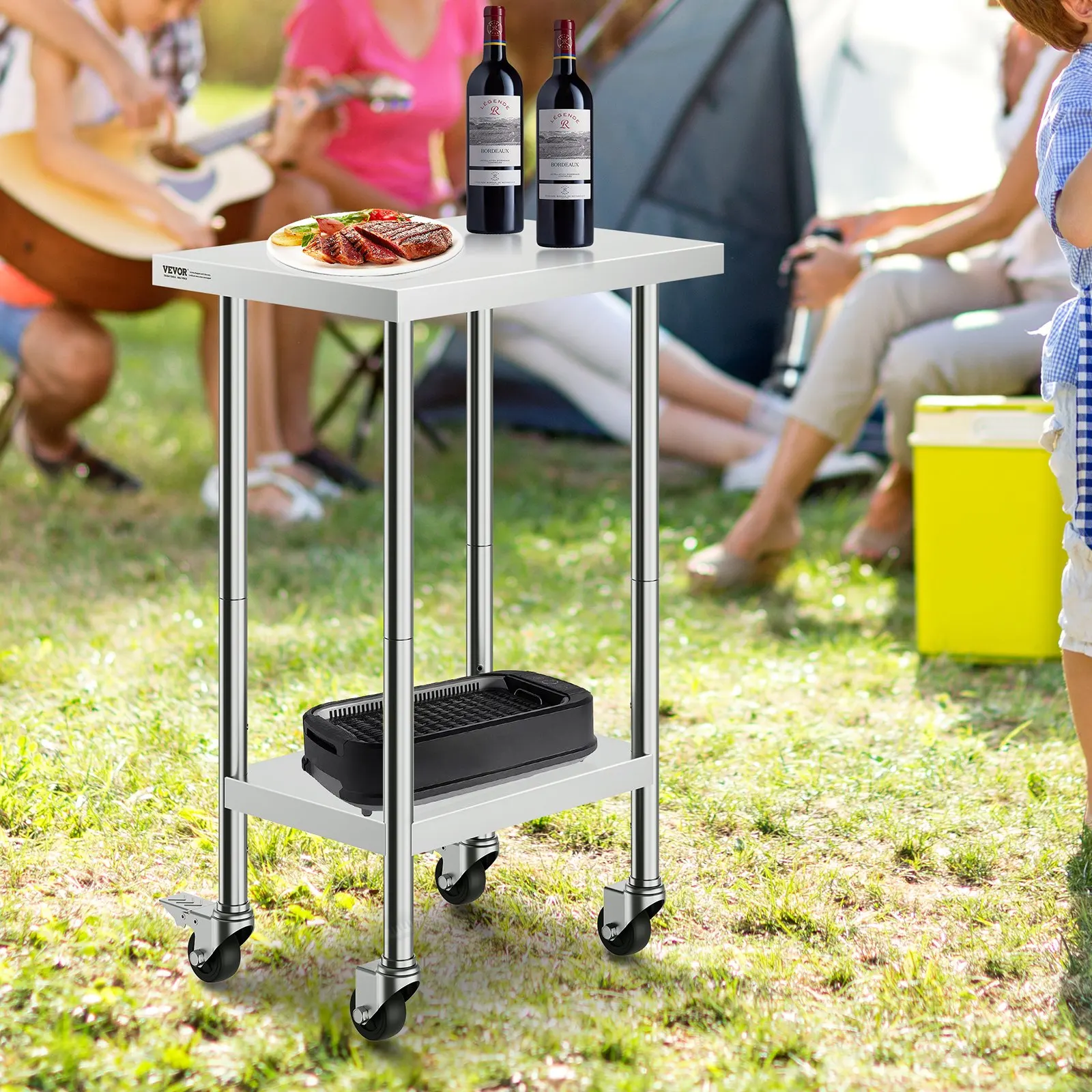 طاولة عمل من الفولاذ المقاوم للصدأ مقاس 24 × 18 × 38 بوصة، مع 4 عجلات، 3 مستويات ارتفاع قابلة للتعديل، طاولة عمل لإعداد الطعام شديدة التحمل