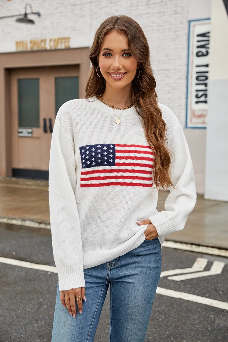 Amazon 2024 Autumn/Winter New Sweater, American Flag Knitted Sweater, European and American Easter Independence Day Set Head swe