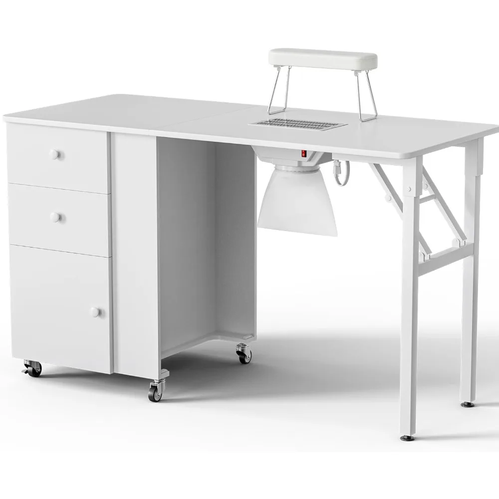 

Folding Manicure Table with Built-in Dust Collector, Manicure Table with Wrist Rest and Lockable Rollers, Folding Manicure Table