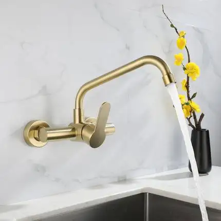 Kitchen Brushed Gold Wall Mounted Faucet Rotation Stainless Steel Lead Free Sink Water Mixer Tap Griferia Para Cocina