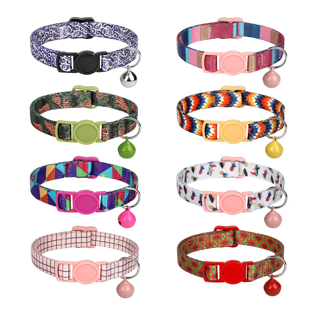 Nylon Cat Collar Quick Release Cat Collars Safety Kitten Puppy Collars Print Necklace With Bell Adjustable Cats Accessories