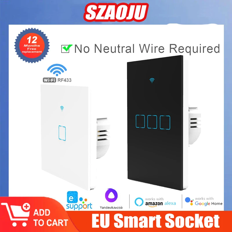 Szaoju EWelink APP EU/US Wall Light Switch WiFi Touch Sensor Smart Switch No Neutral Wire Support Alexa Google Home