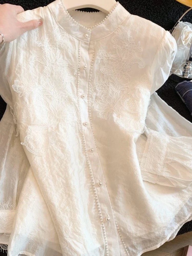 

Французская уникальная кружевная блузка для женщин, весна 2026, новая, с длинным рукавом, универсальная, элегантная, модная, с круглым вырезом