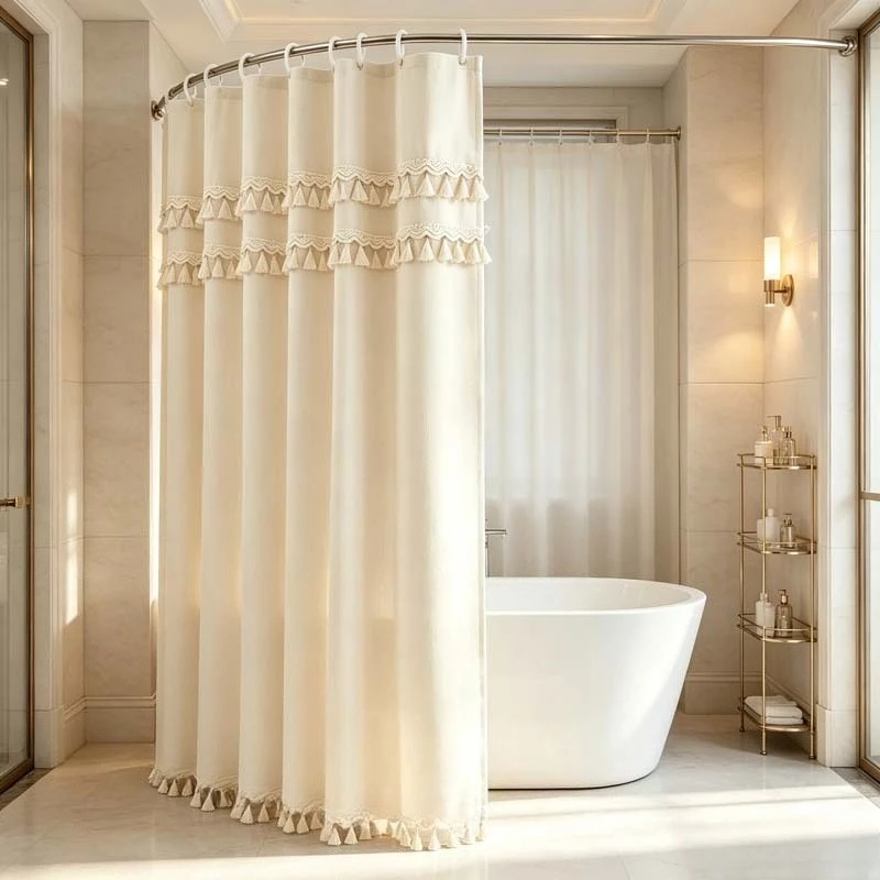 Linen Look Shower Curtain with Tassels Bohemian Rustic Waterproof Thick Hotel Style Bath Divider Drapes for Bathroom Home Decor