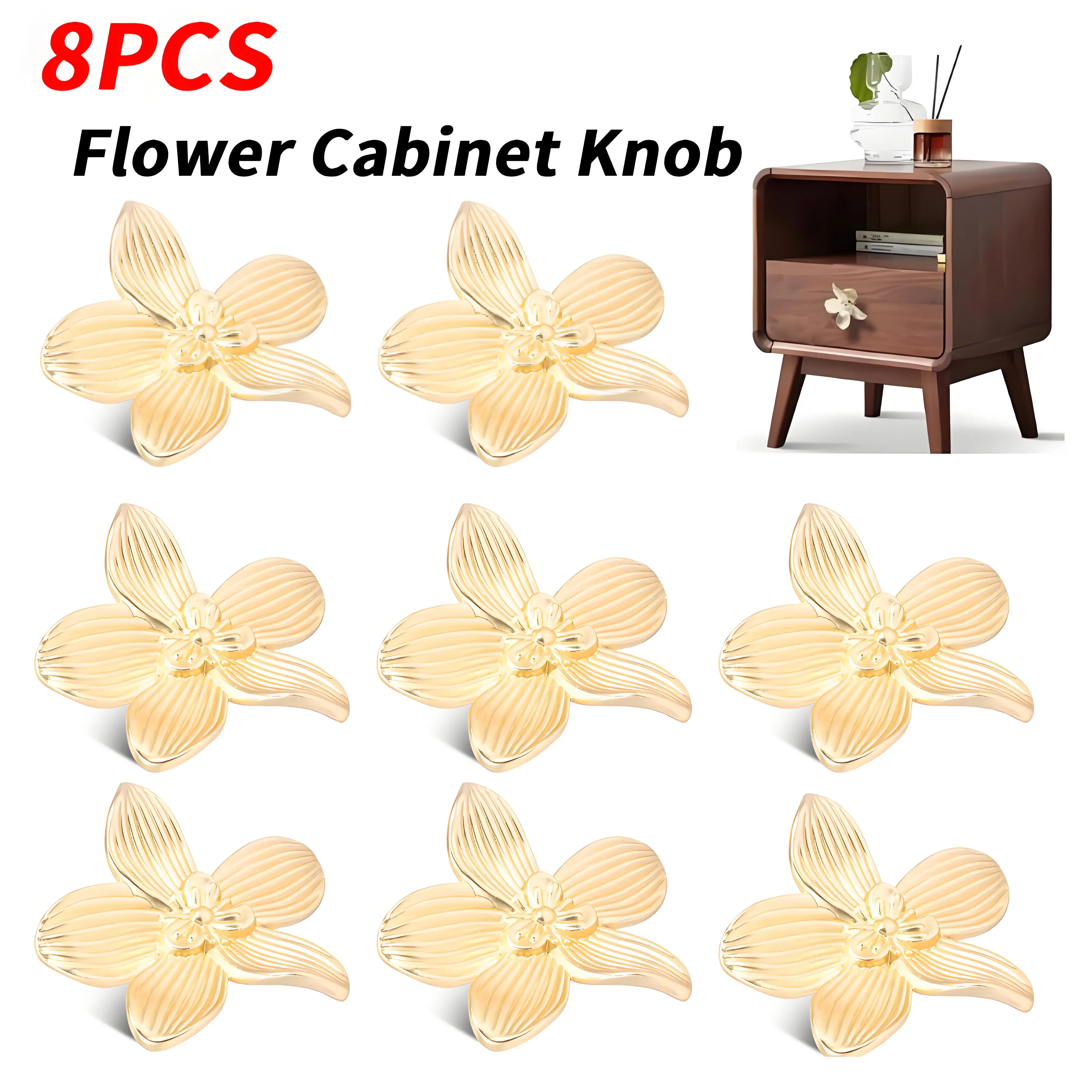 

8Pcs Gold Flower Drawer Knobs Zinc Alloy Wear Resistant Rustproof Cabinet Handle Single Hole with Screws for Wardrobe Bookshelf