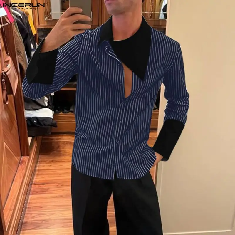 

INCERUN Men Shirt Striped Patchwork Irregular Collar Long Sleeve Men Clothing Streetwear Loose Fashion Casual Camisas 2026 S-5XL