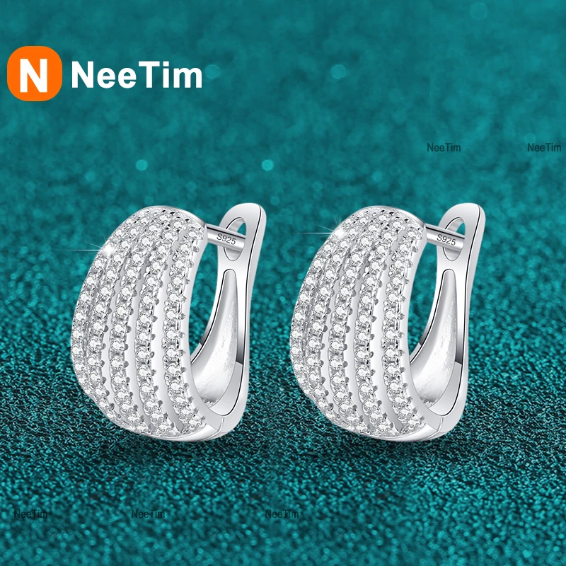NeeTim Full Moissanite Hoop Earrings For Women 925 Silver with White Gold Plated Luxury Huggie Earrings Wedding Women's Earrings