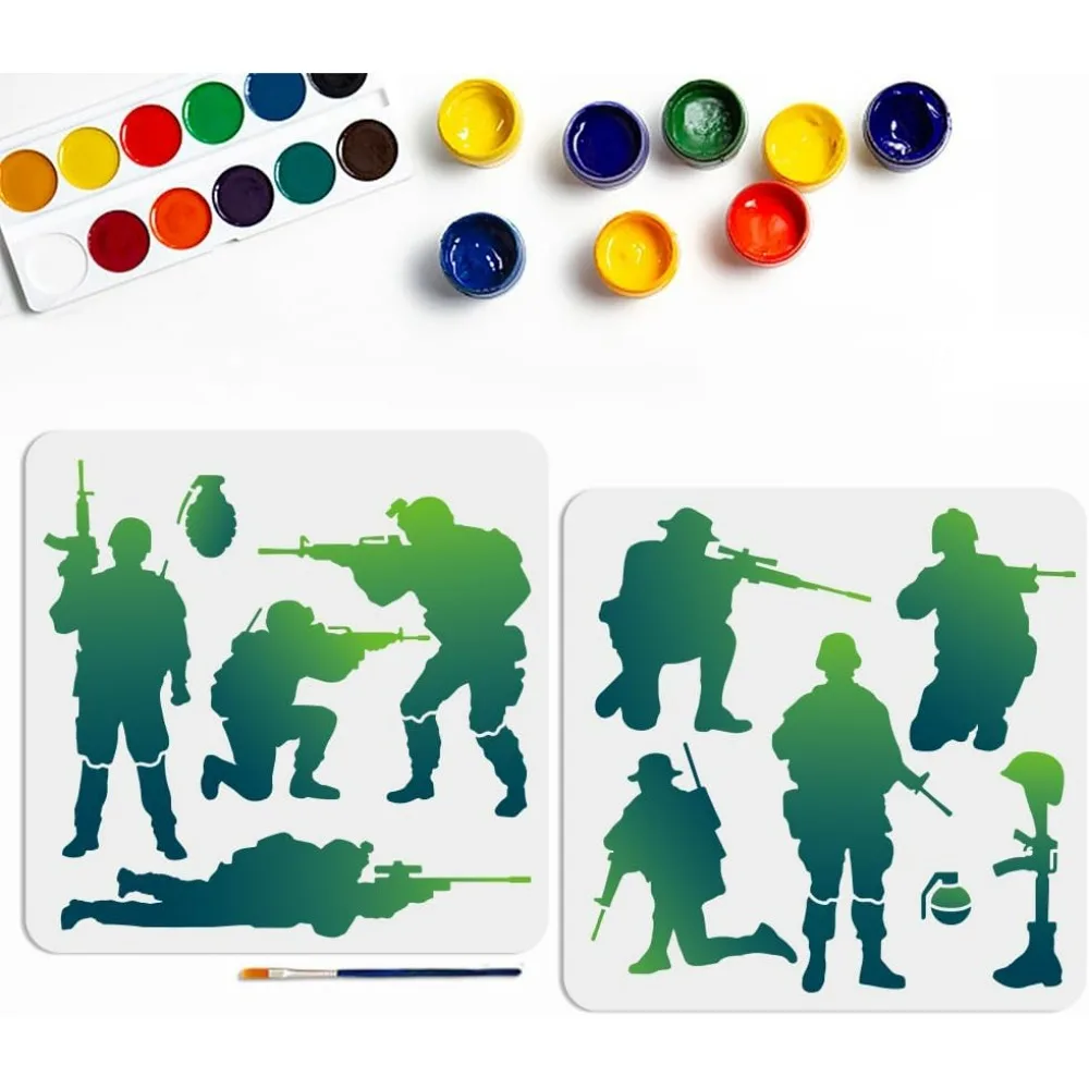 8 Styles Army Soldier Stencils 11.8×11.8inch Infantry Painting Stencil with Paint Brush Soldiers Silhouette Drawing Stencil