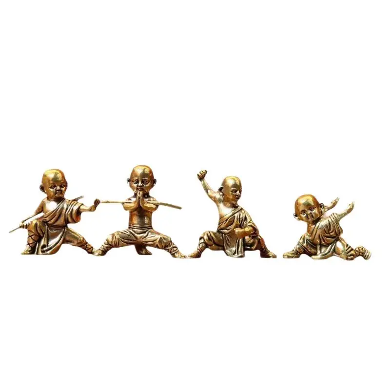 Vintage Brass Kung Fu Shaolin Little Monk Mini Figurines, Chinese Traditional Desktop Decor Statues