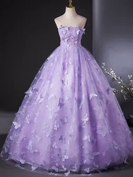 3D Butterfly Purple Lace Quinceanera Dresses 2024 Strapless Prom Evening Party Gown Sleeve robes 15 Years