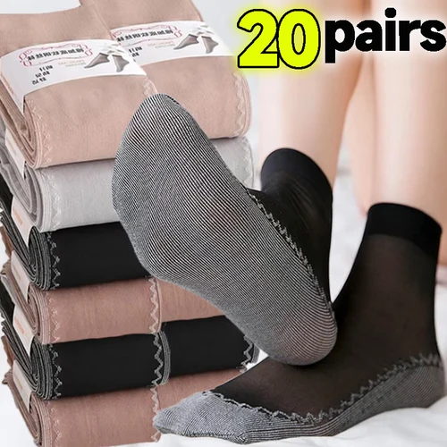 1-20 pares de calcetines cortos para mujer, calcetines transparentes de encaje elástico ultrafino, calcetines de algodón con empalme inferior antideslizante transpirable de verano para mujer