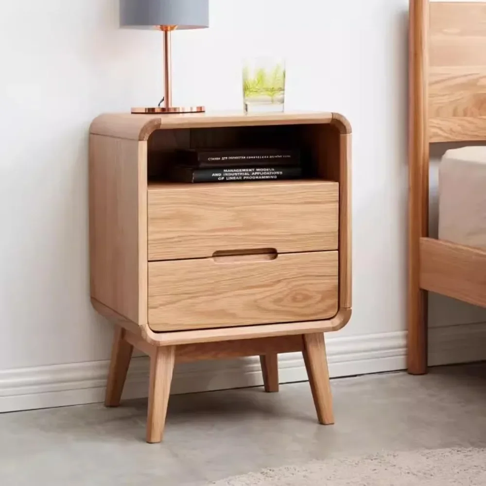 

100% Solid Oak Wood Nightstand with Drawer & Storage Shelf - Practical Mid Century Modern Nightstand for Bedroom, Dormitory (Nat