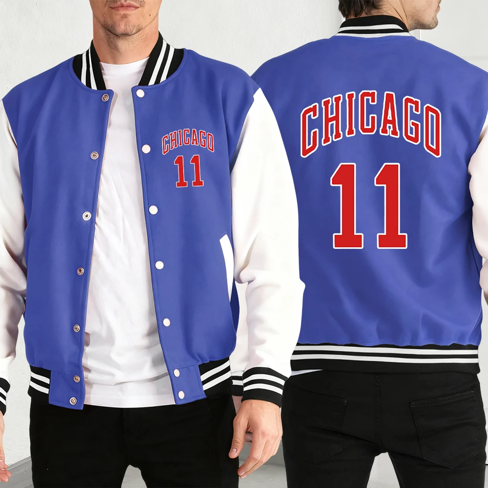 

Chicago Red Letter 11 Print Mens Streetwear Fashion Baseball Jacket Loose Casual Coat Fleece American Vintage Clothing Unisex