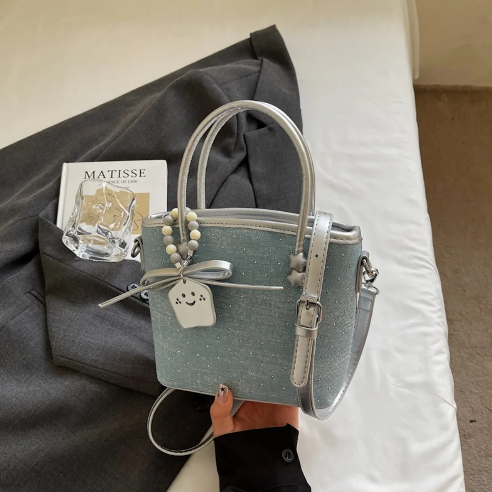 

Casual Minimalist Denim Bucket Bag Rhinestone with Pendant Korean Crossbody Bag Color-Block Elegant Women 's Handbag Girls