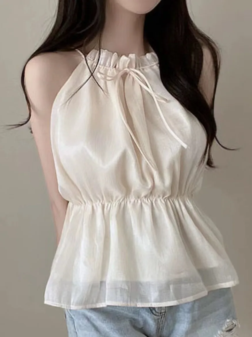 شيك الصيف تصميم Svel بلوزة شيفون Ne معلقة مربوط الخصر التخسيس Ele Strapl لون نقي المرأة سترة بلوزة