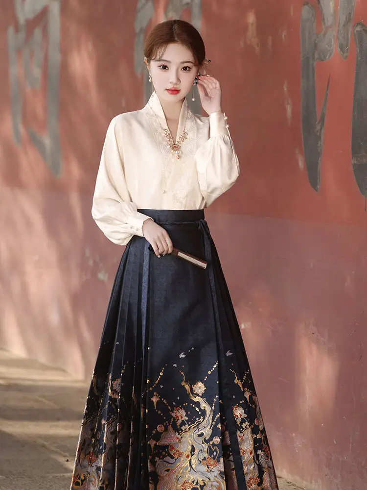 Falda de cara de caballo modificada de estilo chino para mujer, ropa Hanfu tradicional china, conjunto de baile clásico