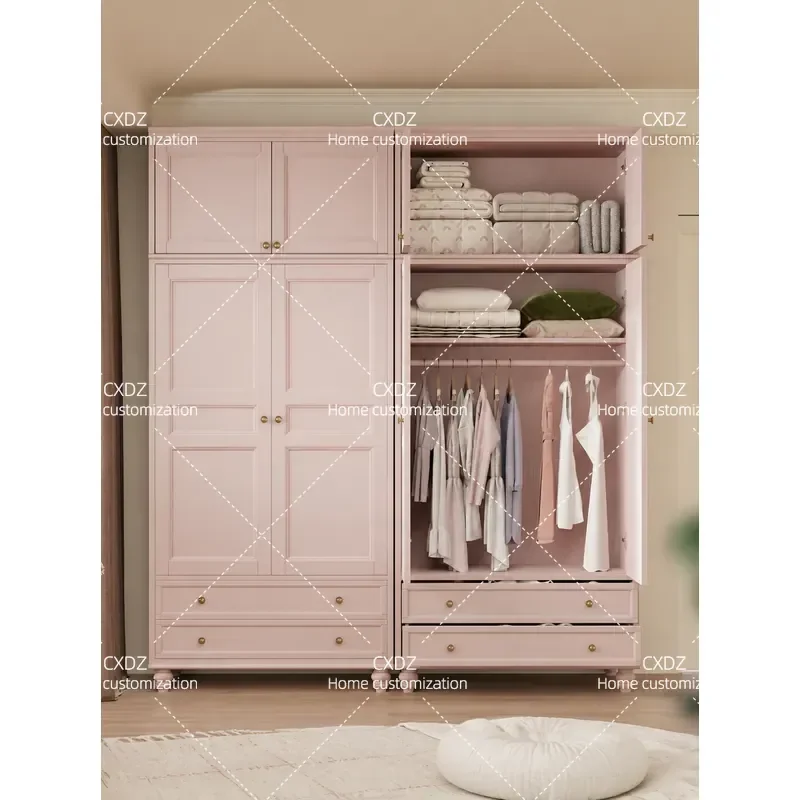 Pink Solid Wood Wardrobe with Mirror Self Assembly Bedroom Clothes Storage Cabinet Hanging Organizer No Installation Required
