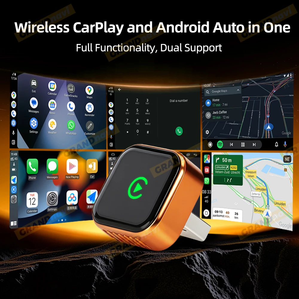 2IN1 Orange CarPlay Wireless Adapter 2026 New Plug & Play Auto Connect No Delay Converts Wired to Wireless iPhone & Android