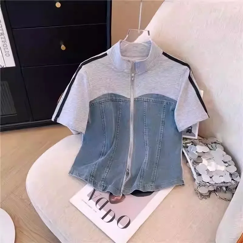 Summer New Zipper T-shirt top Female Set Elegant Women's Jeans Casual Blouse Two Piece Set Ladies Tracksuits 2025
