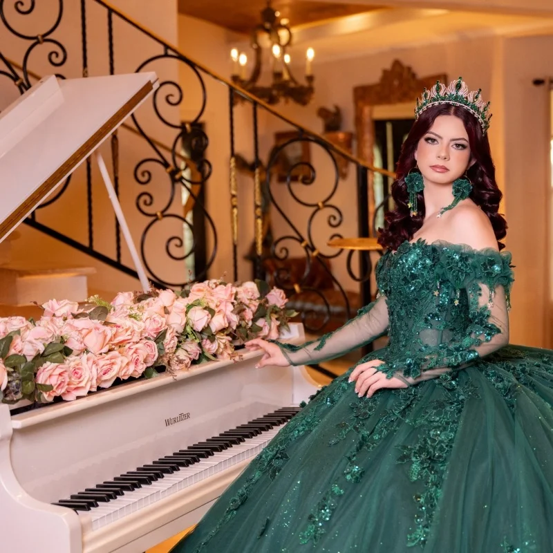 

Shiny Dark Green Quinceanera Dress off-shoulder Glitter Crystal Flower Decal Long tail vestidos de 15 Quinceanera ﻿Customized